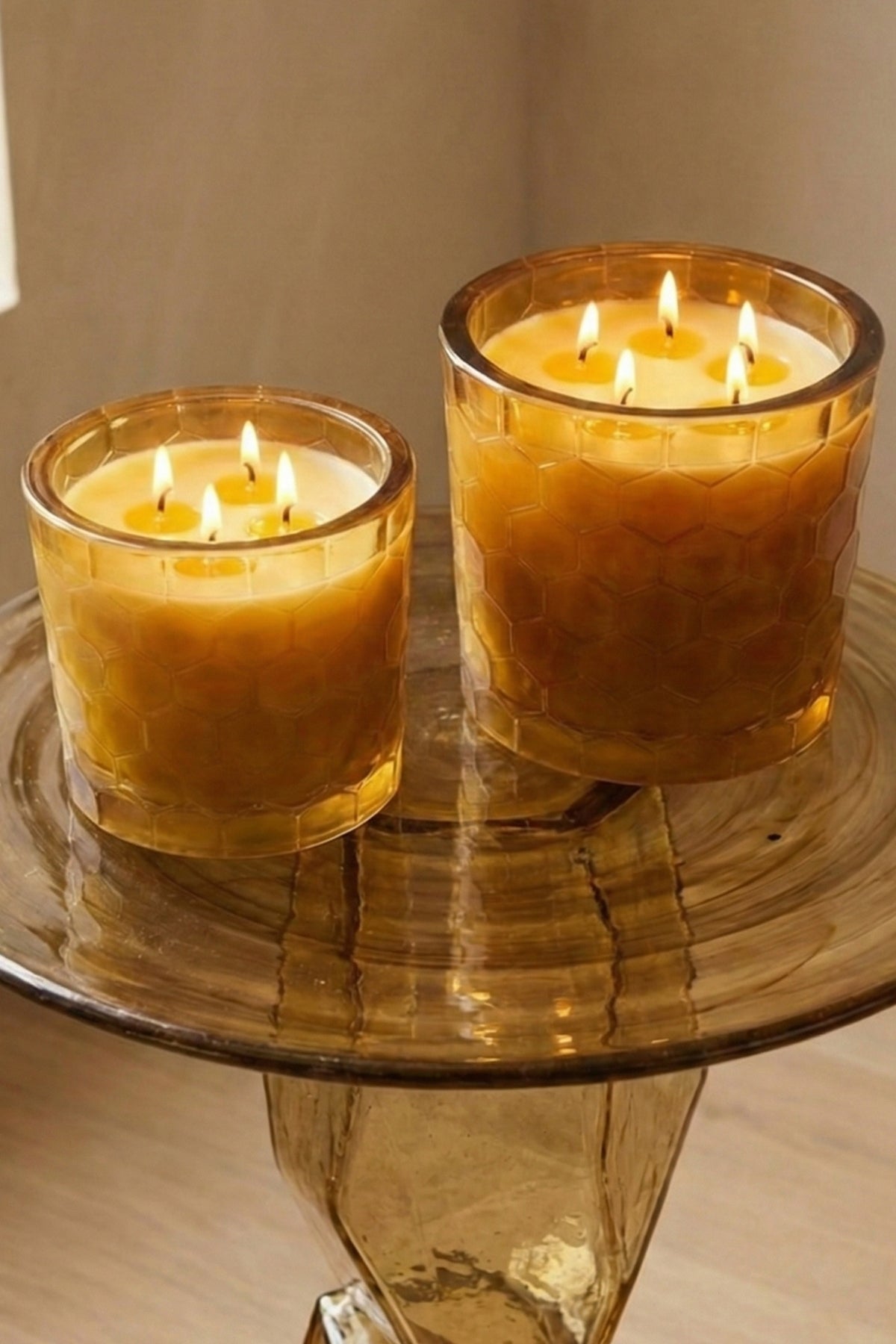 Elsa Crystal Amber Kokulu Büyük Cam Mum 14x14 cm – Indian Sandalwood Dekoratif Lüks Mum