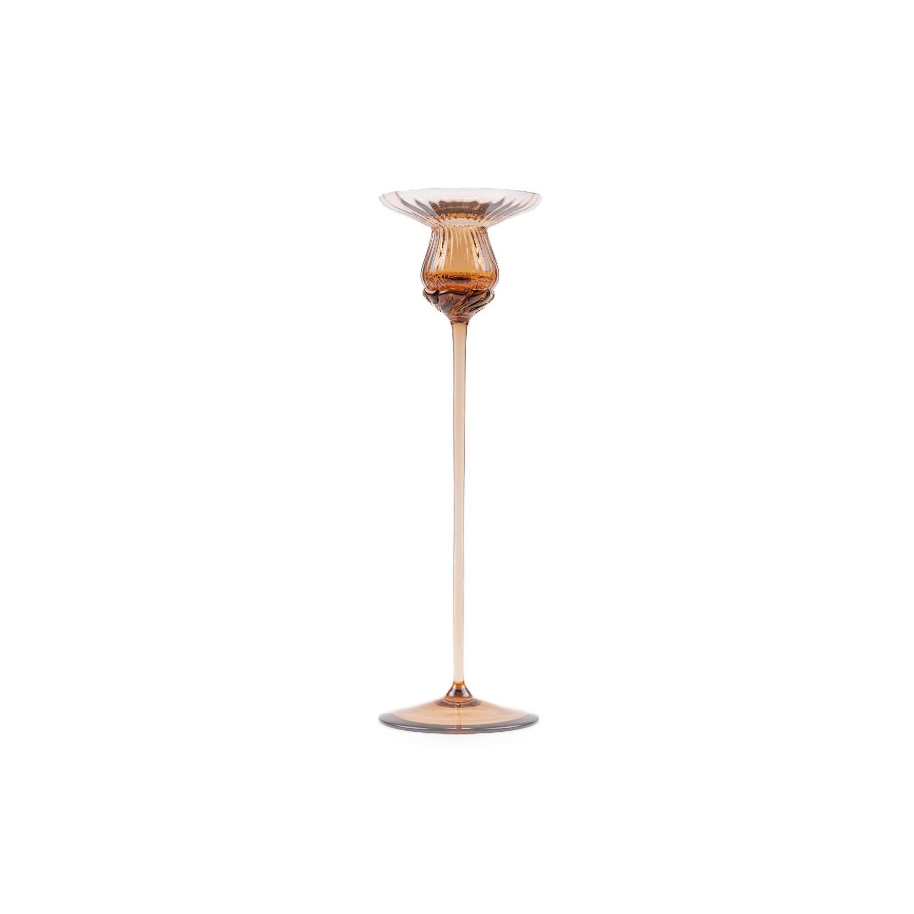 Elsa Crystal Bubble Tulipan Candle Holder, Çizgili Mumluk, Brown, 30 cm